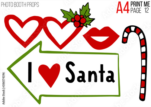 Christmas holiday photo booth props A4 template. Vector xmas masquerade party costume accessories collection. Noel decoration. Happy new year cartoon illustration card background