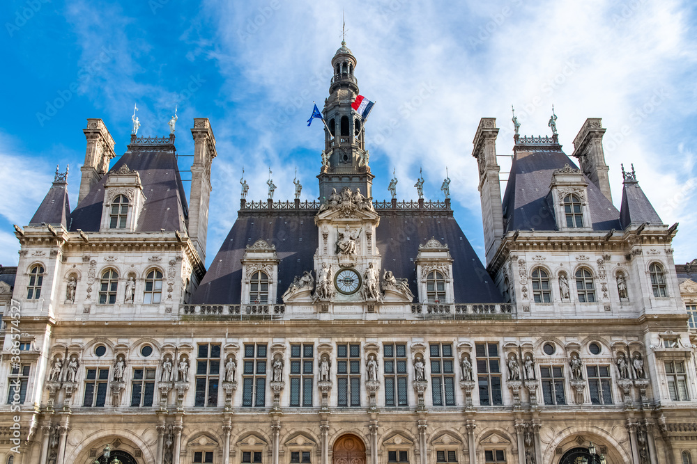 Paris, the facade of the Hotel de Ville, city hall of the French capital
