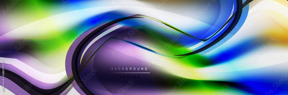 Fototapeta premium Vector abstract background, flowing liquid style bubble with metallic, color quicksilver chrome texture and color glow effects