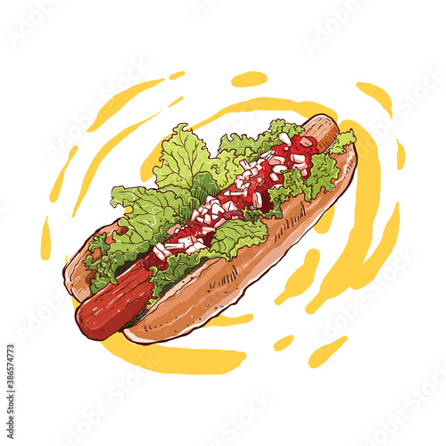 hotdog with meat and vegetable filling