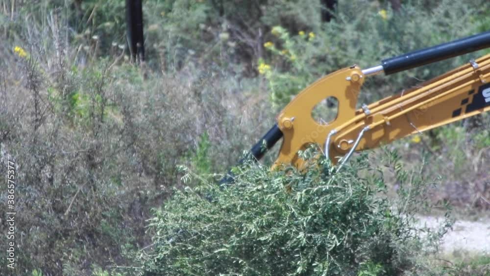 close up and slow motion shot of plant machinery cutting and destroying a semi-dry bush in Spain. close up and slow motion shot of plant machinery cutting and destroying a semi-dry bush in Spain.