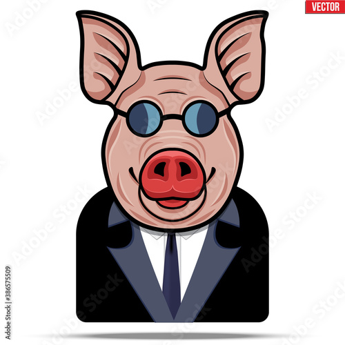 Pig in a suit and glasses. Businessman in the guise of a boar. Unclean and fraudulent business concept and metaphor. Vector Illustration.
