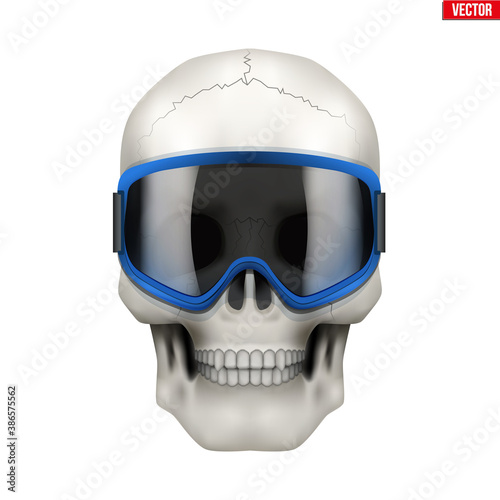 Skull with ski goggles. Extreme label with skull head. Sticker and patches winter extreme. Vector Illustration on isolated white background