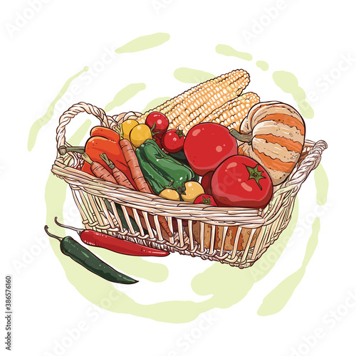 Hand drawing of sweet potatoes, potatoes, pumpkin and carrots in a wicker basket