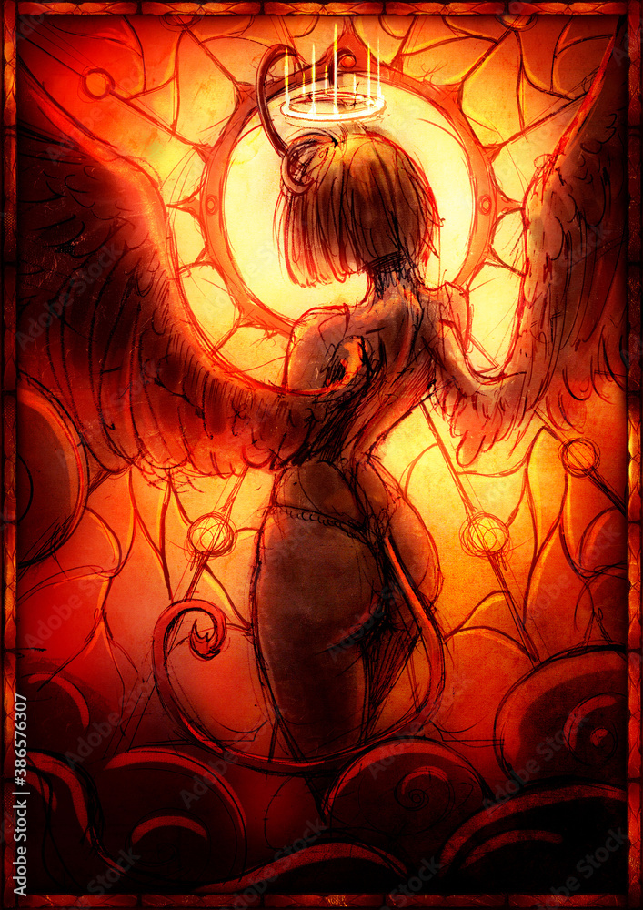 A beautiful demon girl with feathered wings and short horns stands  confused. against the background of a round stained glass window. 2D Stock  Illustration | Adobe Stock