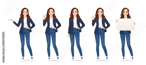 Casual cute business woman in different poses set isolated vector illustrtion
