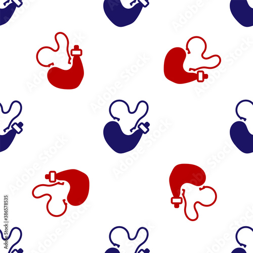 Blue and red Spanish wineskin icon isolated seamless pattern on white background. Vector.