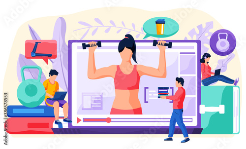 Fitness online course concept. People doing exercise at home in online classes using internet, vector flat. Regular sports, cardio and bodybuilding classes. Healthy lifestyle, active time spending