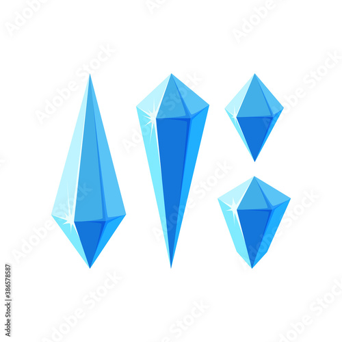 Ice crystals in form of prisms or gem stones. Set of minerals or frozen pieces of ice for game design. Vector illustration in cartoon style