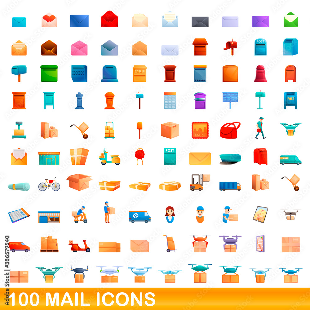 100 mail icons set. Cartoon illustration of 100 mail icons vector set isolated on white background 100 mail icons set. Cartoon illustration of 100 mail icons vector set isolated on white background