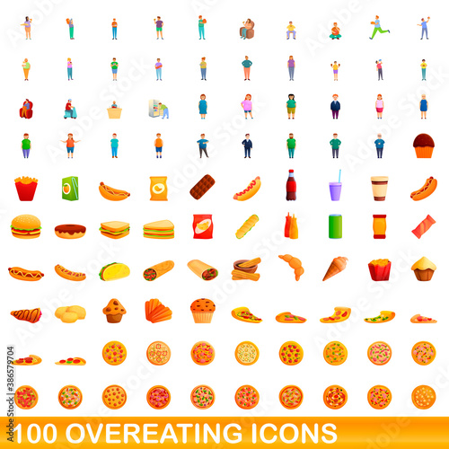 100 overeating icons set. Cartoon illustration of 100 overeating icons vector set isolated on white background
