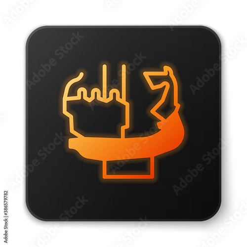 Orange glowing neon Monument to founders of Kiev icon isolated on white background. Statue of Kyi, Shchek, Horyv and Lybid. Black square button. Vector. photo