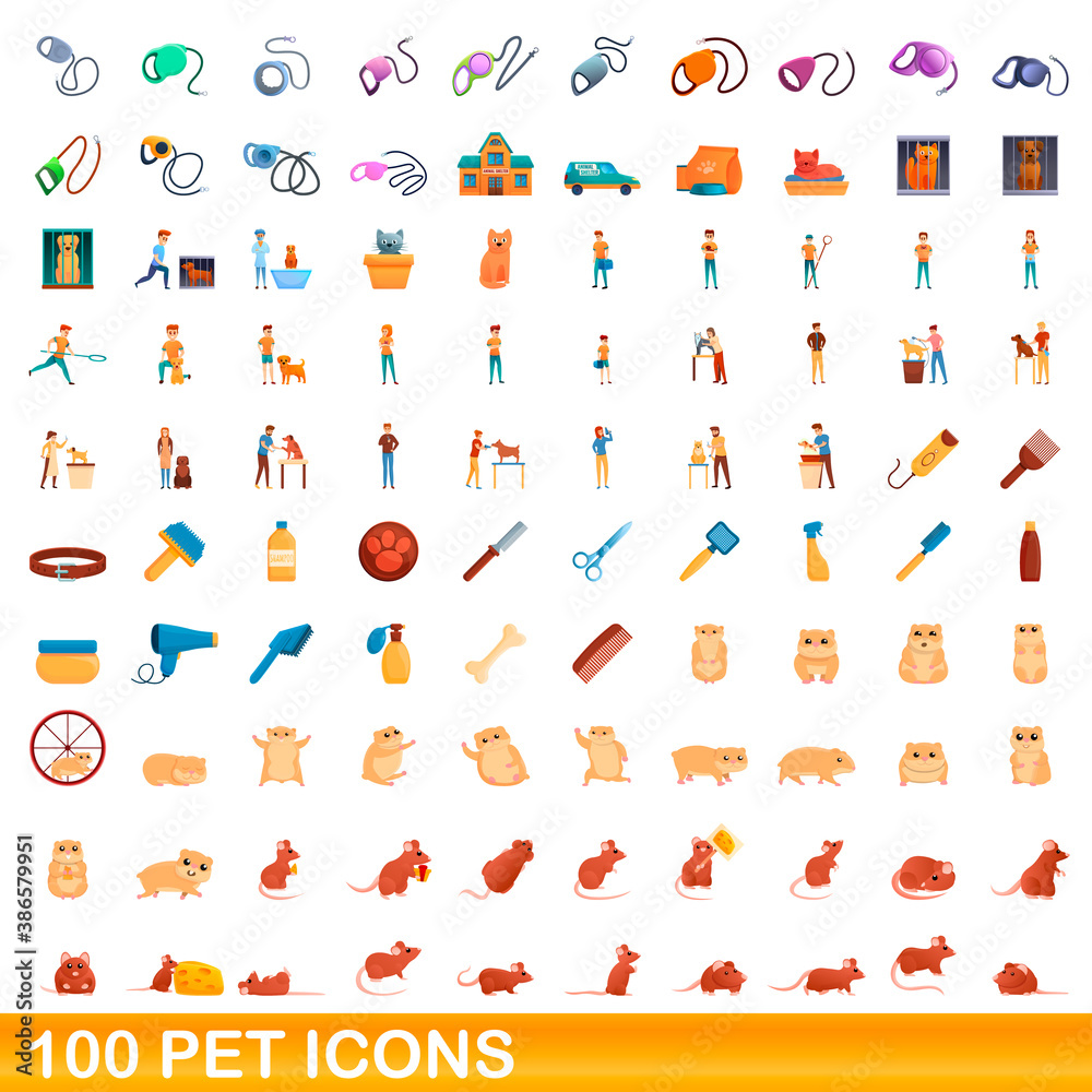 100 pet icons set. Cartoon illustration of 100 pet icons vector set isolated on white background 100 pet icons set. Cartoon illustration of 100 pet icons vector set isolated on white background