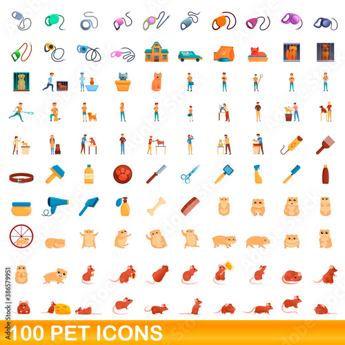 100 pet icons set. Cartoon illustration of 100 pet icons vector set isolated on white background