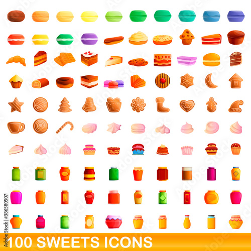 100 sweets icons set. Cartoon illustration of 100 sweets icons vector set isolated on white background