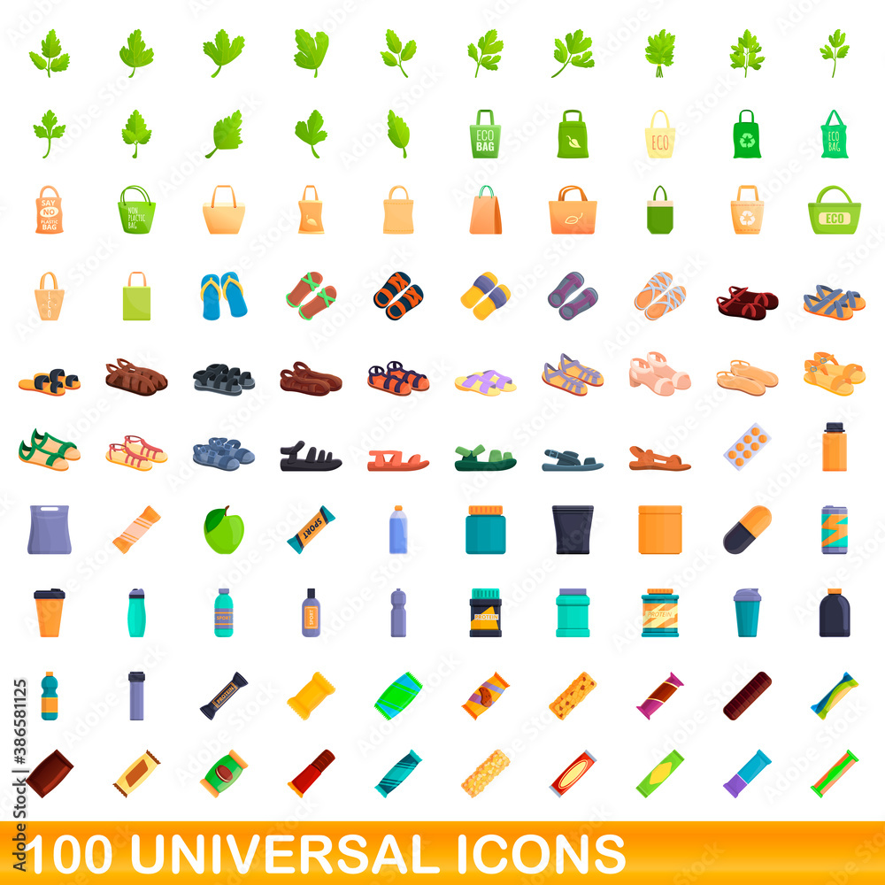 Fototapeta premium 100 universal icons set. Cartoon illustration of 100 universal icons vector set isolated on white background