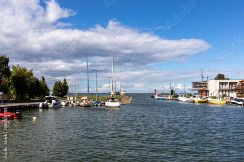 Marina and harbor for fishing boats in Frombrok on Vistula Lagoon. Poland.