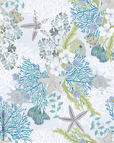Watercolor painting seamless pattern with seastar, flowers, corals, seaweed