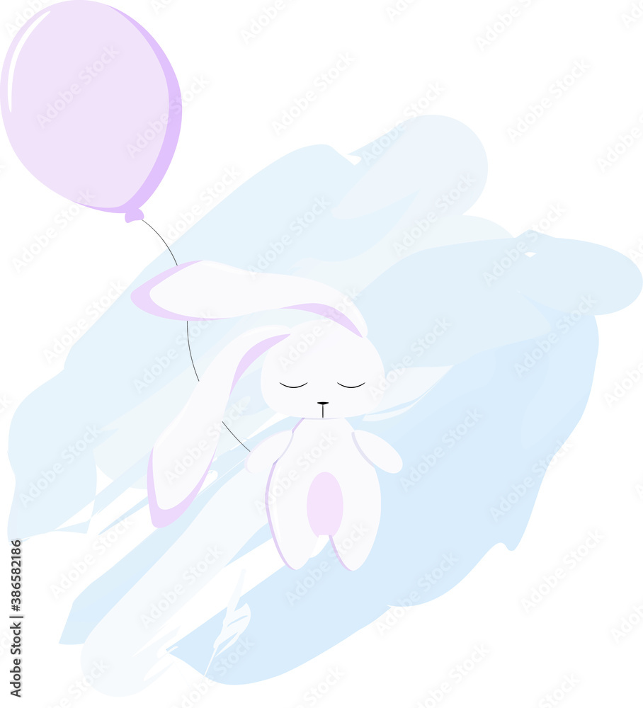 Cute rabbit with a balloon on a watercolor background. Vector illustration