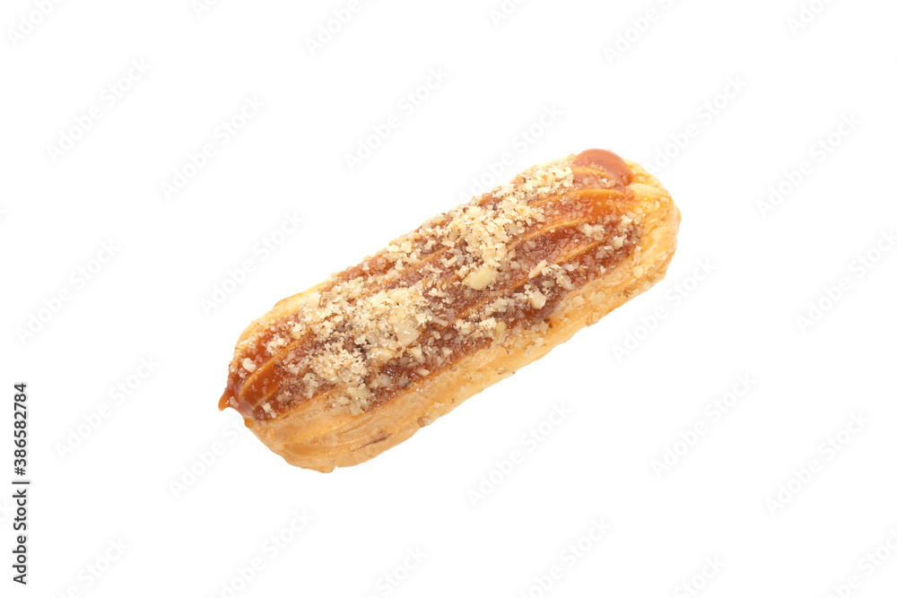 Eclair cake with walnuts and custard filling with nuts isolated on white Eclair cake with walnuts and custard filling with nuts isolated on white
