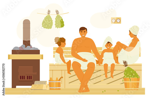 Family With Two Kids In Sauna Or Banya With A Lot Of Steam. Bathhouse Interior With Wooden Bench, Heater, Buckets, Birch Brooms. Flat Vector Illustration.
