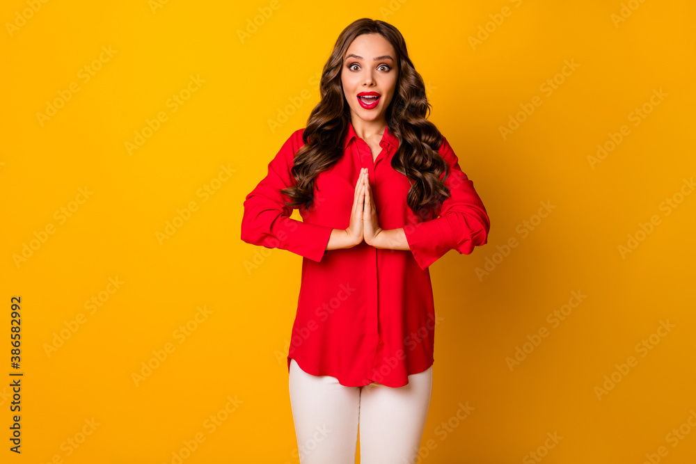 Photo of attractive funky lady hold hands together asking pleading husband boyfriend go shopping open mouth wear red office shirt white pants isolated yellow color background Photo of attractive funky lady hold hands together asking pleading husband boyfriend go shopping open mouth wear red office shirt white pants isolated yellow color background