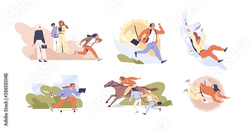 Set of scenes of hectic pace of life vector flat illustration. Collection of different people in hurry. Busy men and women running isolated on white. Deadline and time management concept