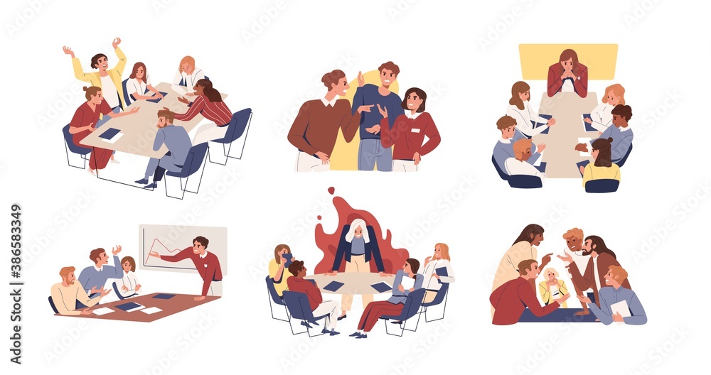 Fototapeta premium Collection of scenes of tense and toxic environment in the office. Conflicts and disagreement at business meeting vector flat illustration. Boss and colleagues having problem at work