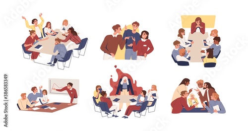 Collection of scenes of tense and toxic environment in the office. Conflicts and disagreement at business meeting vector flat illustration. Boss and colleagues having problem at work