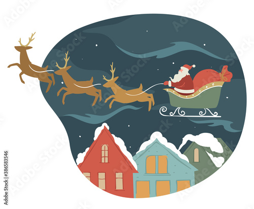 Santa Claus on sled with reindeers giving presents for xmas