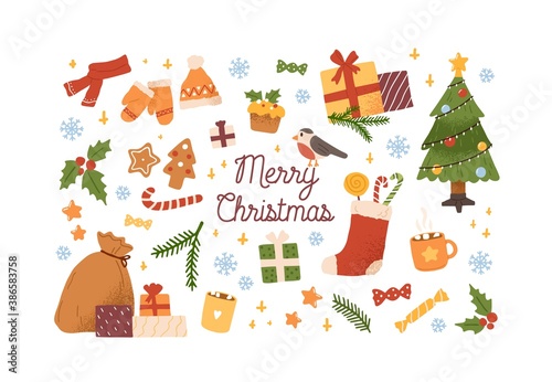 Collection of New Year and Christmas attributes vector flat illustration. Set of traditional winter holidays symbols isolated. Different xmas decorations, clothes, sweets and gifts
