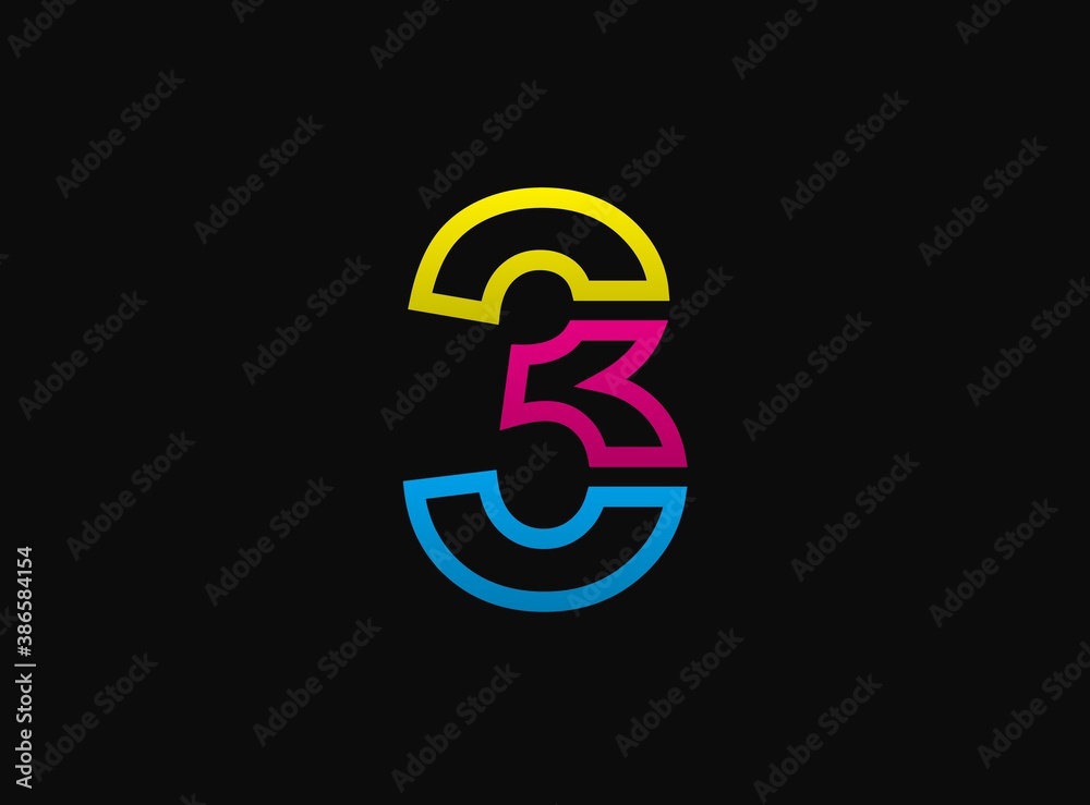 3 number logo, vector desing font .Dynamic cmyk split blue, pink, yellow color on black background. 3 number logo, vector desing font .Dynamic cmyk split blue, pink, yellow color on black background.