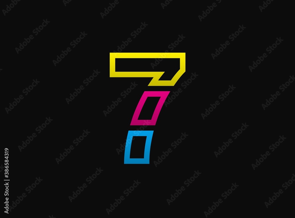 7 number logo, vector desing font .Dynamic cmyk split blue, pink, yellow color on black background. 7 number logo, vector desing font .Dynamic cmyk split blue, pink, yellow color on black background.