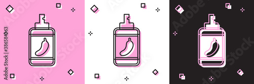 Set Pepper spray icon isolated on pink and white, black background. OC gas. Capsicum self defense aerosol. Vector.