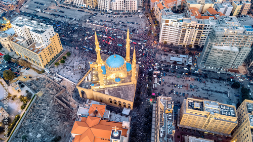 Drone shot of Beirut Downtown with Al Amin mosque and Saint Georges Church