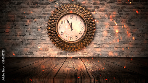 A dark room with brick walls, a clock on the wall. Time shows 12 o'clock, New Year and Christmas 2021. Interior with clock. Night Lights.