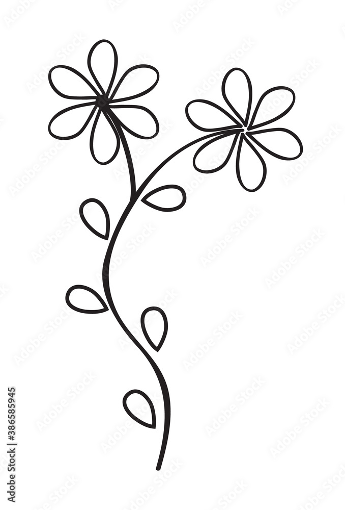 Abstract plant with two flowers. Thin line style. Isolated on a white background. Vector illustration.
