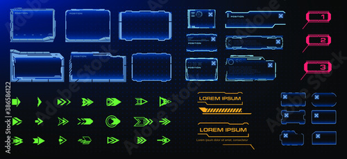 Set of arrows, titles, labels, pointers, frames, information windows for video games, websites, or HUD interfaces. Set of futuristic digital elements for user interface