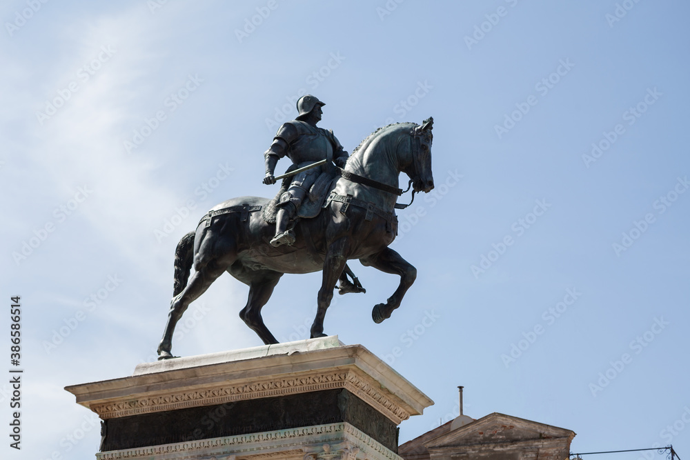 Statue of Bartolomeo Colleoni, Venice, Italy. Old monument, bronze sculpture of the Renaissance. Medieval art of Venice.