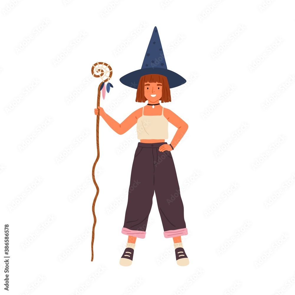Happy little girl in witch hat holding magic cane vector flat illustration. Smiling cute female kid sorcerer standing with mysterious magical equipment isolated on white. Child in Halloween costume