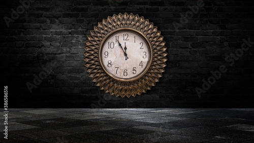 Wallpaper Mural A dark room with brick walls, a clock on the wall. Time shows 12 o'clock, New Year and Christmas 2021. Interior with clock. Night Lights. Torontodigital.ca