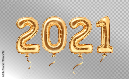 2021 golden decoration holiday on transparent background. Gold foil balloons numeral 2021. Happy new year 2021 holiday. Realistic 3d vector illustration