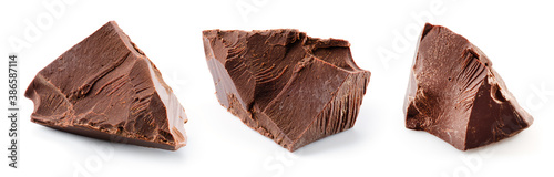 Broken chocolate isolated. Chocolate cracks on white. Chocolate pieces set.
