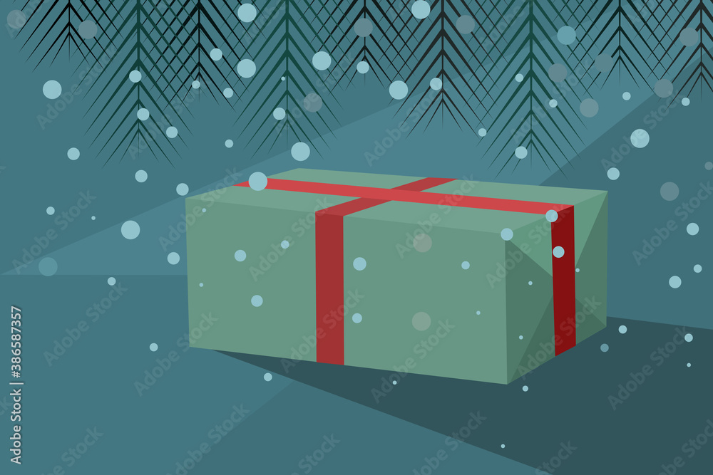 A wrapped Christmas gift on snowy winter background