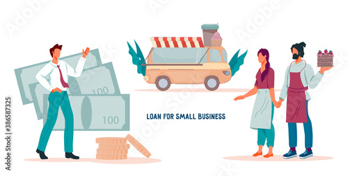 Loan for small business development website banner template with business owners and bank agent. Financial support of small business and entrepreneurship, flat vector illustration for web page.