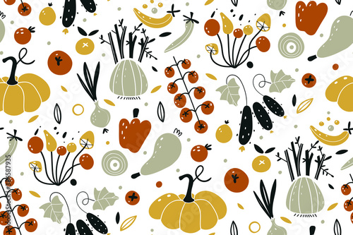 Vector seamless pattern with vegetables isolated on white background. Autumn harvest. Fresh vegetables and fruits. Vegetarian bio food. Vegan, farm, organic, natural background. Scandinavian style.