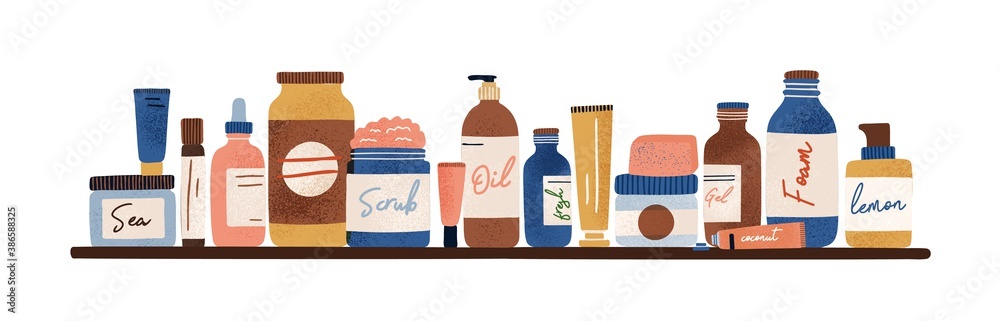 Natural organic cosmetic standing on shelf. Bottles, jars, tubes of lotion, cream, oil, scrub, serum, gel in eco friendly packaging. Flat vector cartoon illustration isolated on white background - obrazy, fototapety, plakaty 