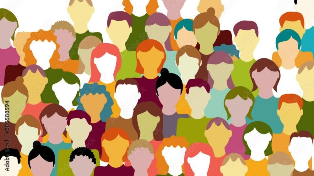 Crowd. Workers group, people in parade or in protest. Flat style. Animated background. Social community pattern of diverse people group in modern style