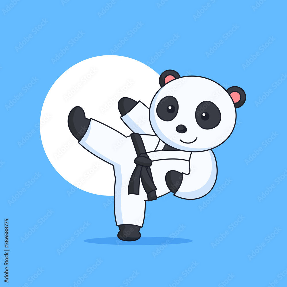 Panda karate kick animal sport activity mascot character vector outline