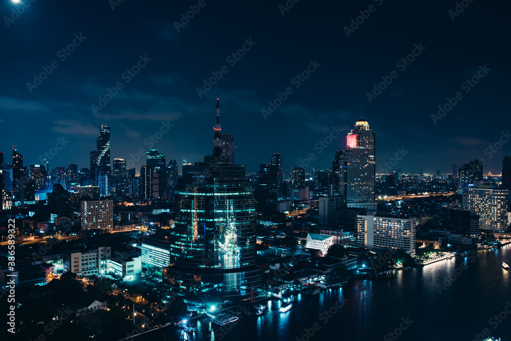 Cityscape downtown. Night city urban skyline Bangkok, Thailand.